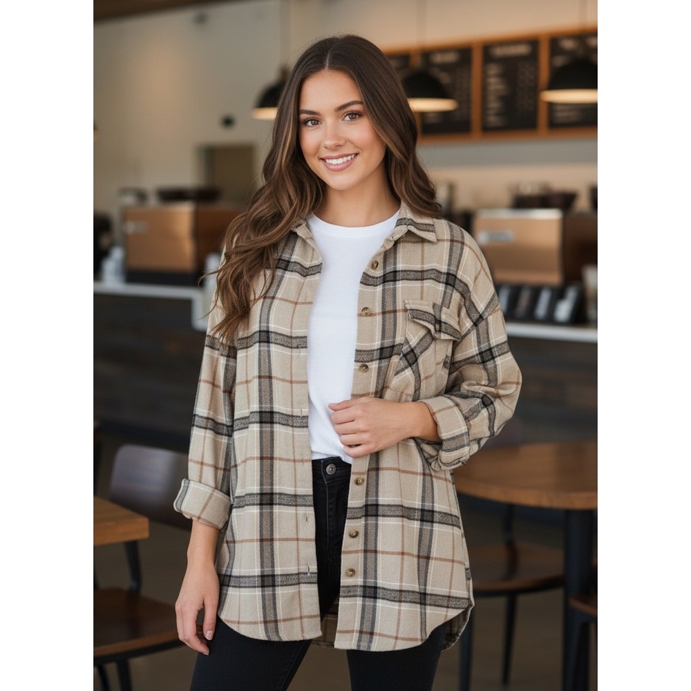 Sincerely Jules Tan‎ Plaid Oversized Flannel Button Down Shirt Large